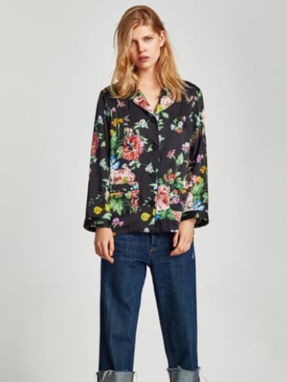 Zara Black Bloom Satin Button Up Blouse Size Medium - Picture 5 of 14
